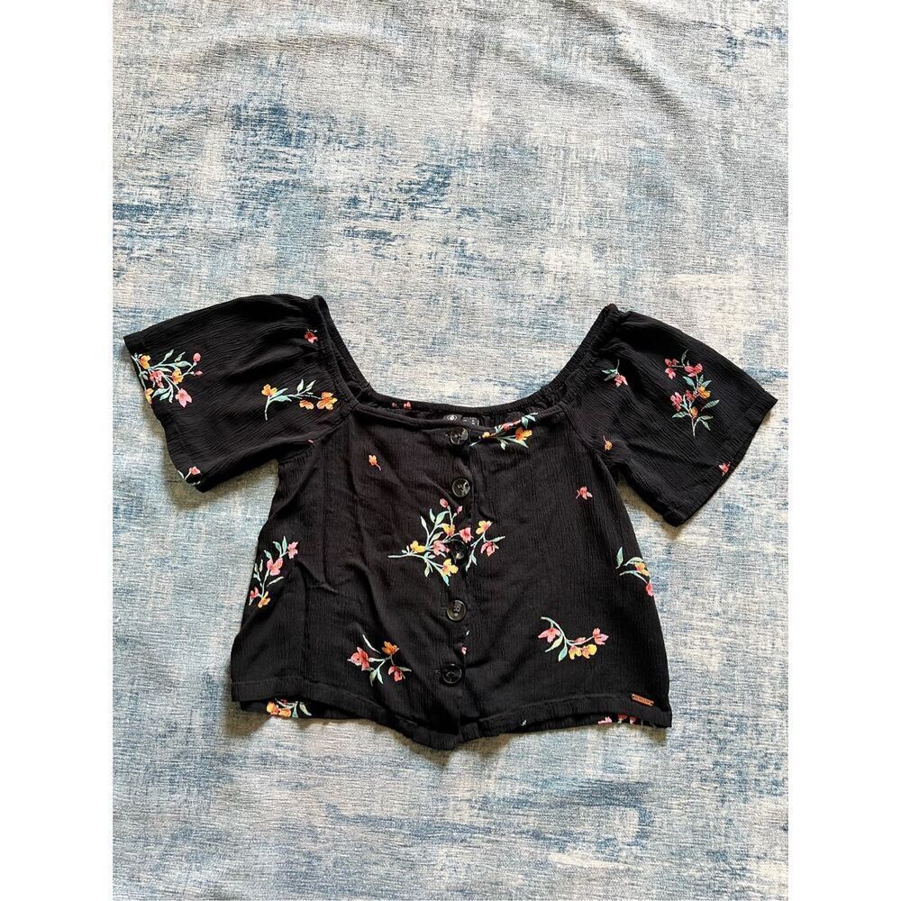 Volcom Black Pink Orange Bud Seriously Button Front Short Sleeve Top Small